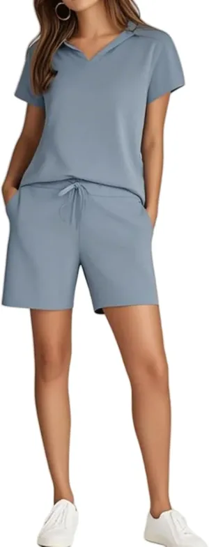 Lounge Sets for Women 2 Piece Polo V Neck Short Sleeve Top and Drawstring Shorts Summer Loungewear Outfit Tracksuit