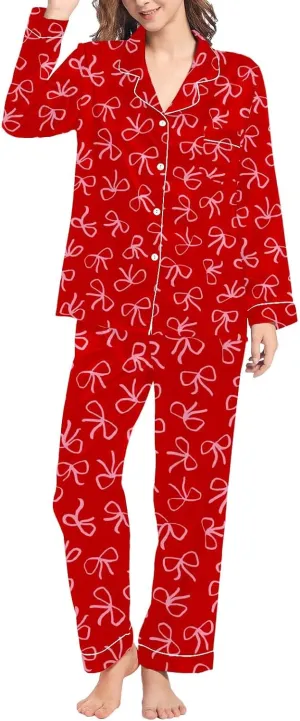 Lounge Sets For Women Home Leisure Valentine's Day Bow Love Loose Imitation Color Ding Pajama 2 Piece Button Down Pjs