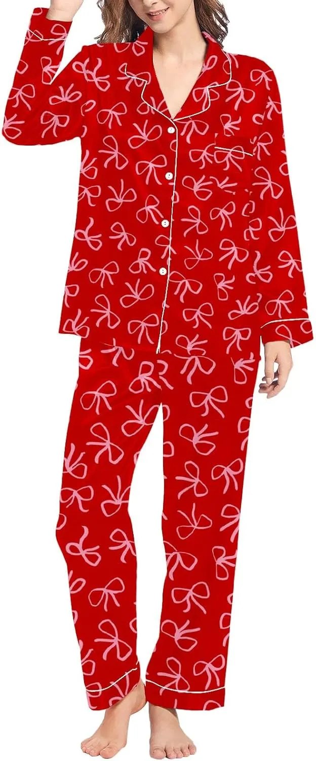 Lounge Sets For Women Home Leisure Valentine's Day Bow Love Loose Imitation Color Ding Pajama 2 Piece Button Down Pjs