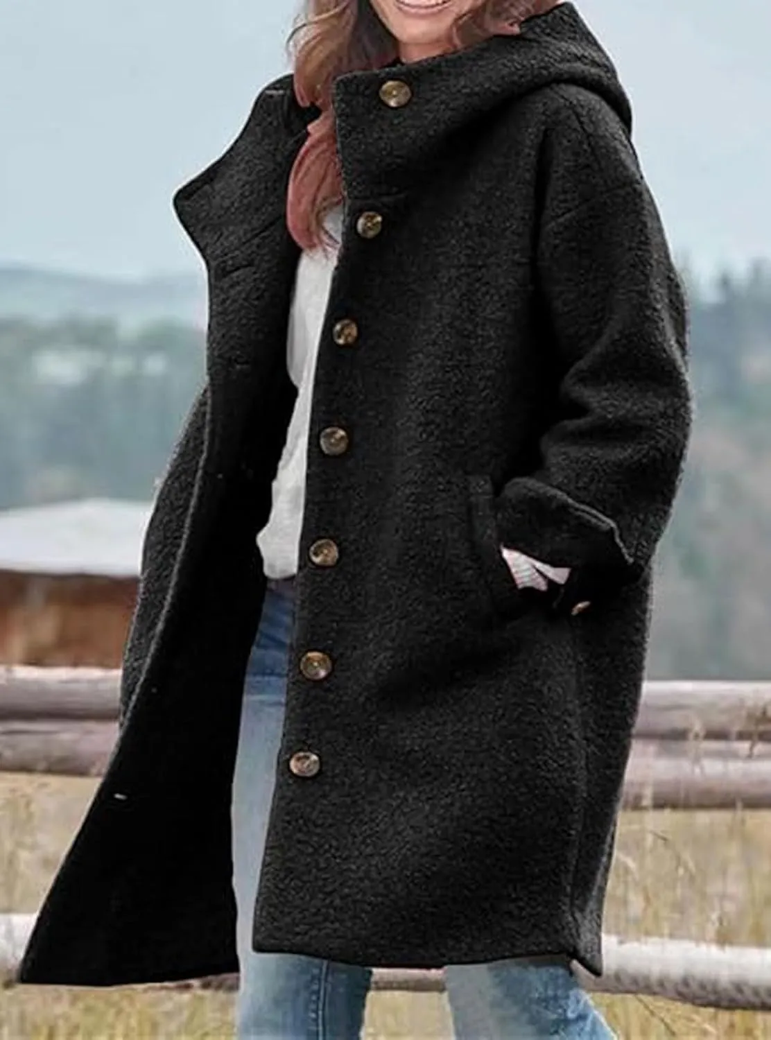 loveimgs Women Winter Casual Single Breasted Hooded Jacket Pea Coat Long Wool Coat Jacket Trench Coat Overcoat