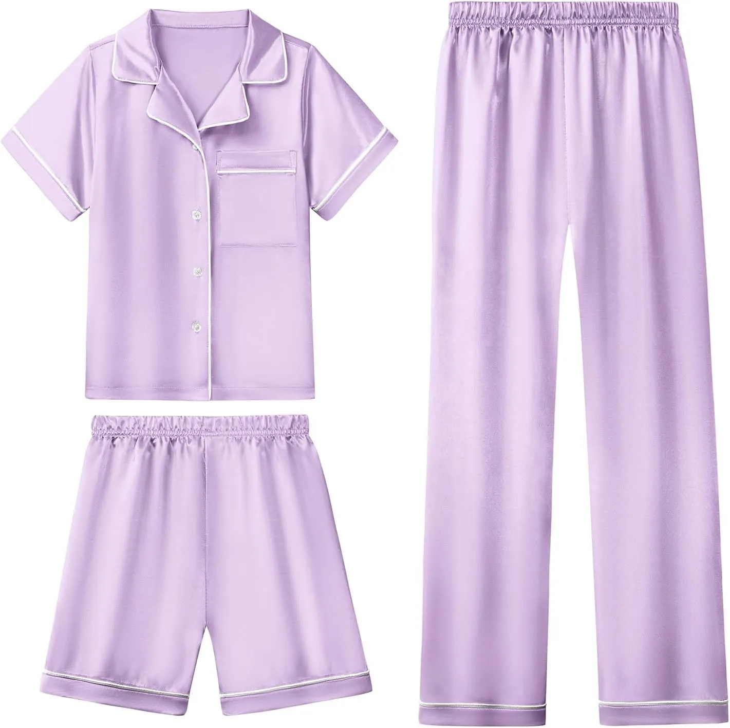 LQSZ 3-Piece Girls Pajamas Set Soft Silk Satin Short Sleeve Button-Down Sleepwear Nightwear Loungewear for Kids 3-12 Years