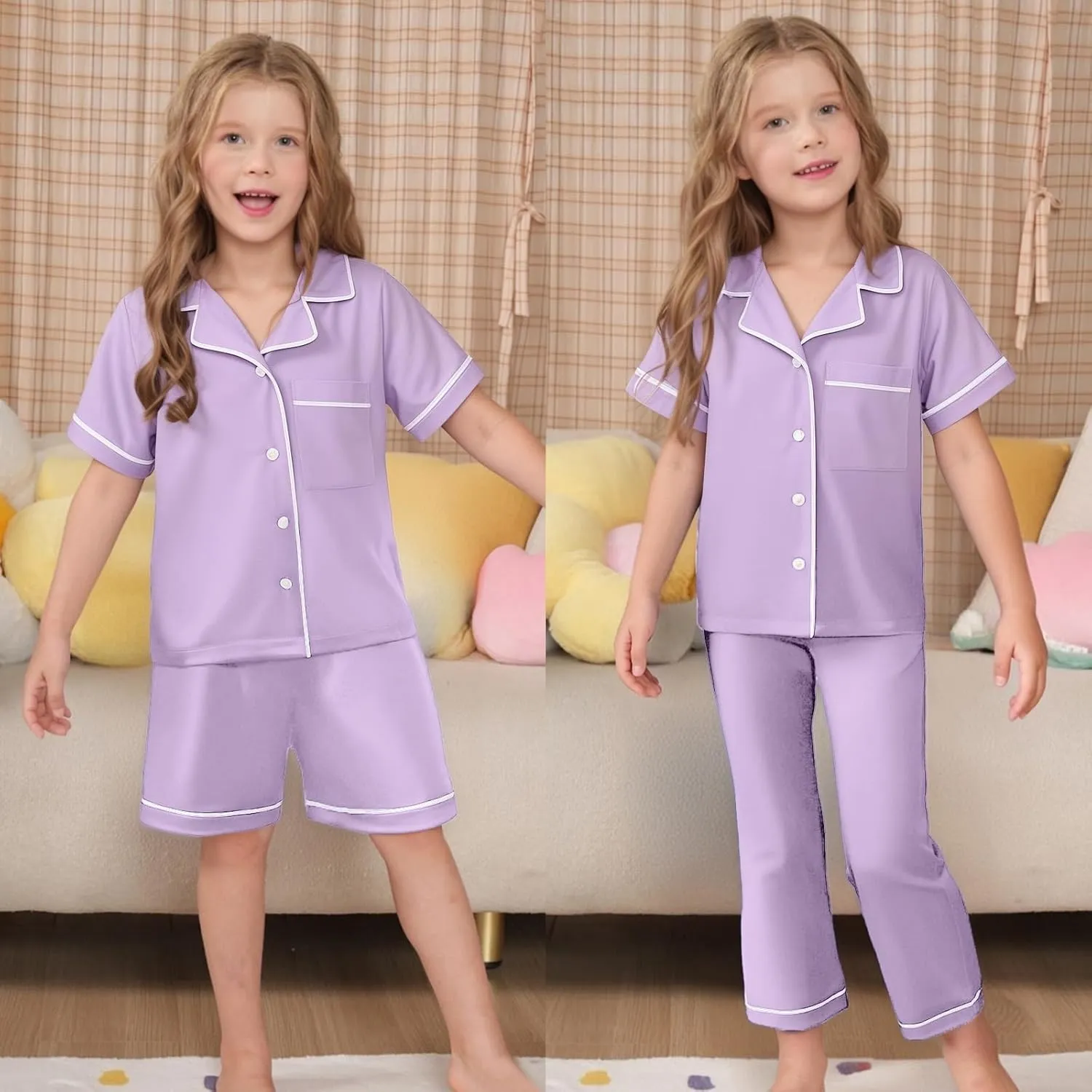 LQSZ 3-Piece Girls Pajamas Set Soft Silk Satin Short Sleeve Button-Down Sleepwear Nightwear Loungewear for Kids 3-12 Years