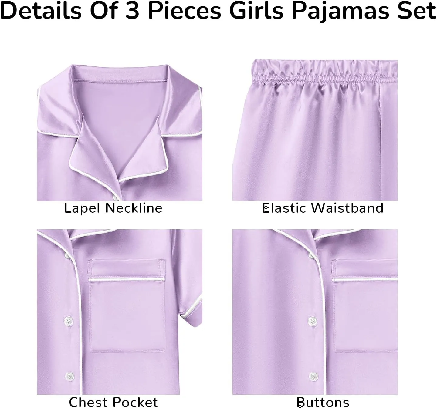 LQSZ 3-Piece Girls Pajamas Set Soft Silk Satin Short Sleeve Button-Down Sleepwear Nightwear Loungewear for Kids 3-12 Years