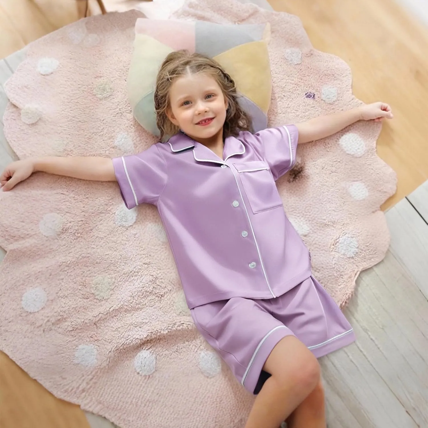 LQSZ 3-Piece Girls Pajamas Set Soft Silk Satin Short Sleeve Button-Down Sleepwear Nightwear Loungewear for Kids 3-12 Years