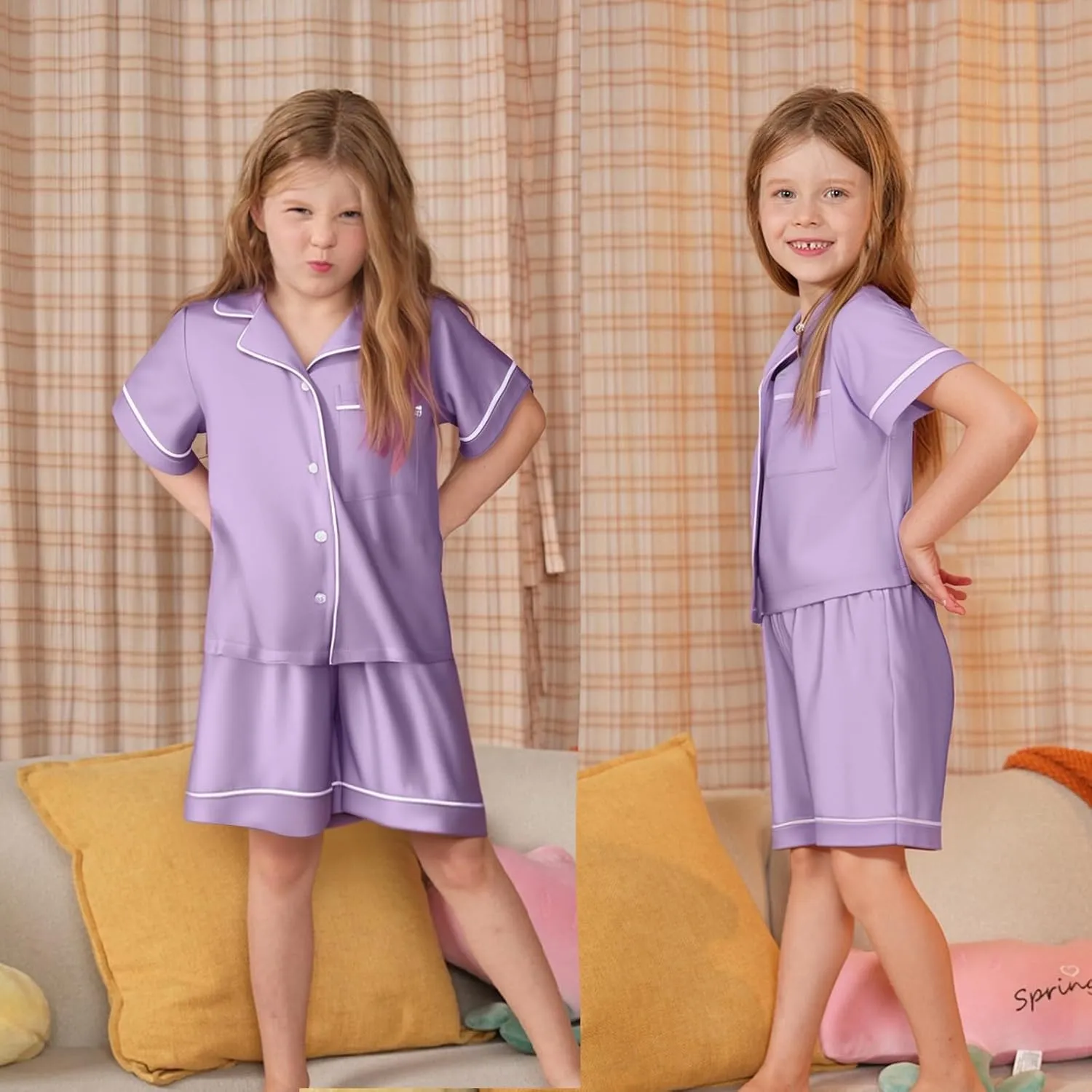 LQSZ 3-Piece Girls Pajamas Set Soft Silk Satin Short Sleeve Button-Down Sleepwear Nightwear Loungewear for Kids 3-12 Years