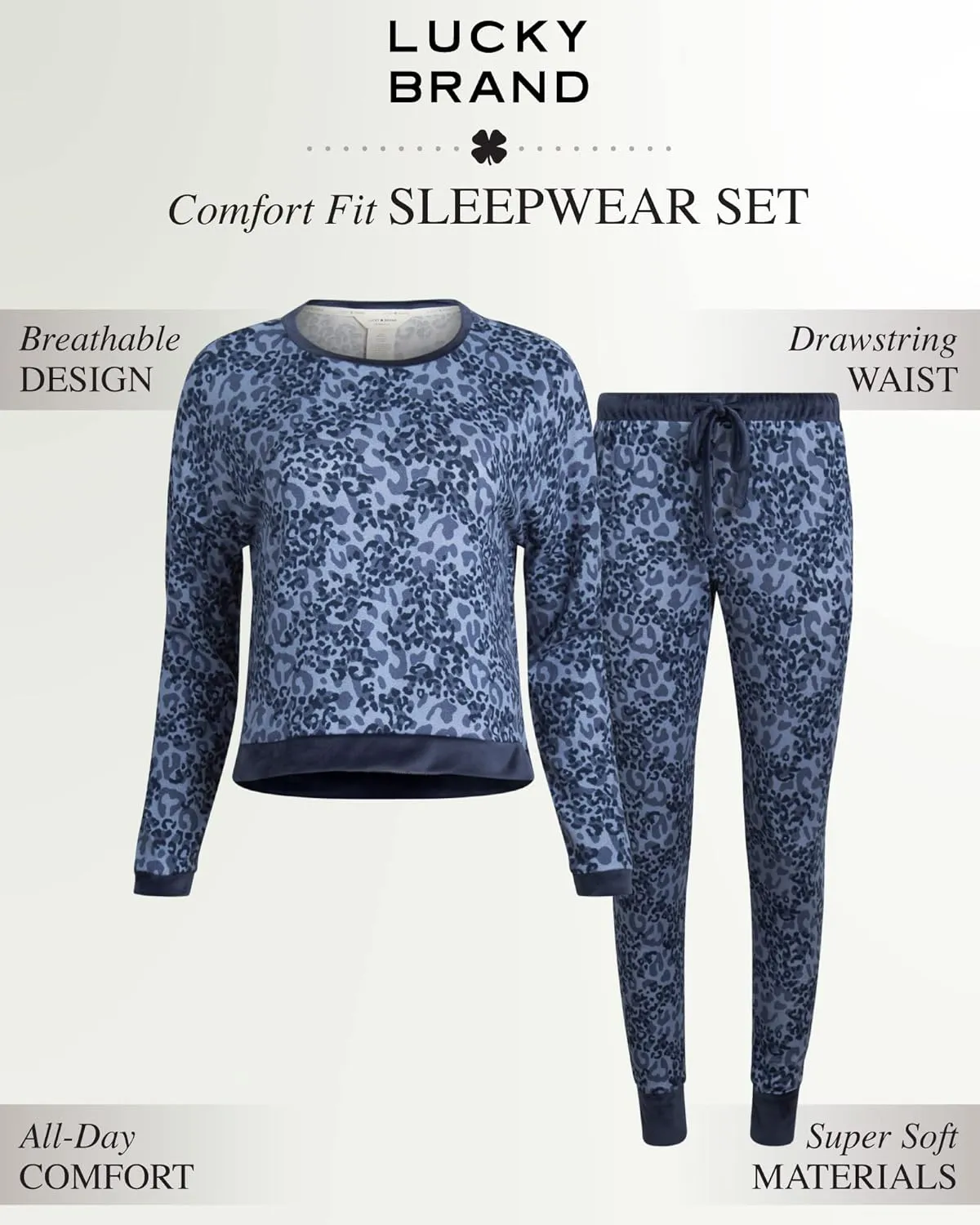 Lucky Brand Women's Pajama Set - 2 Piece Long Sleeve Sleep Shirt and Jogger Pants with Velour Trim (S-XL)