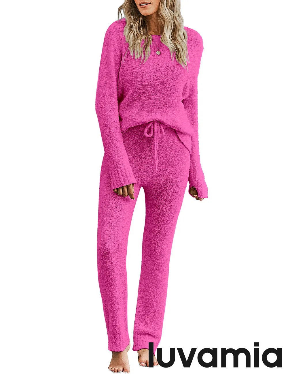 luvamia Women's Casual Pajamas Sets Long Sleeve Tops and Pants Knitted Pjs Loungewear