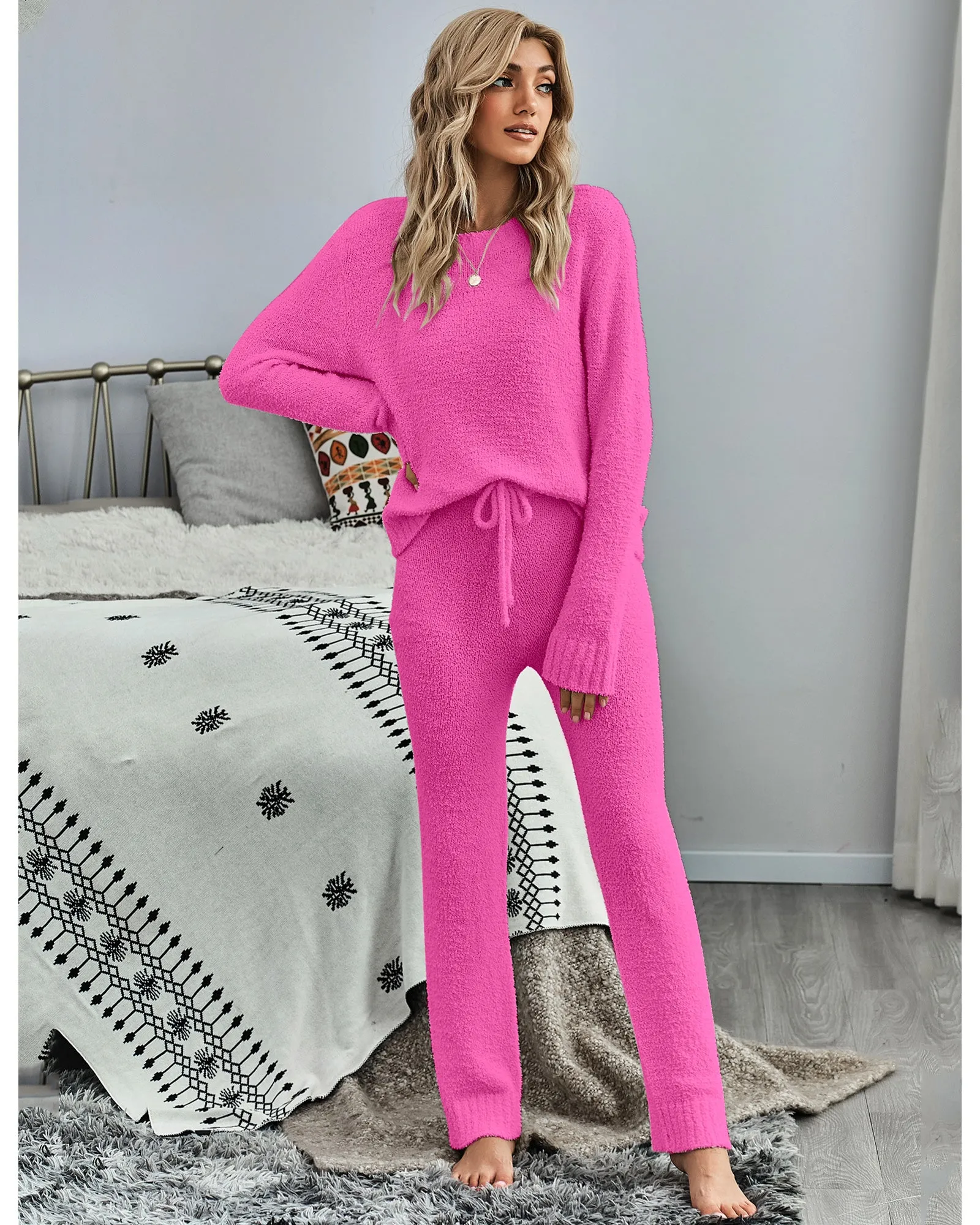 luvamia Women's Casual Pajamas Sets Long Sleeve Tops and Pants Knitted Pjs Loungewear