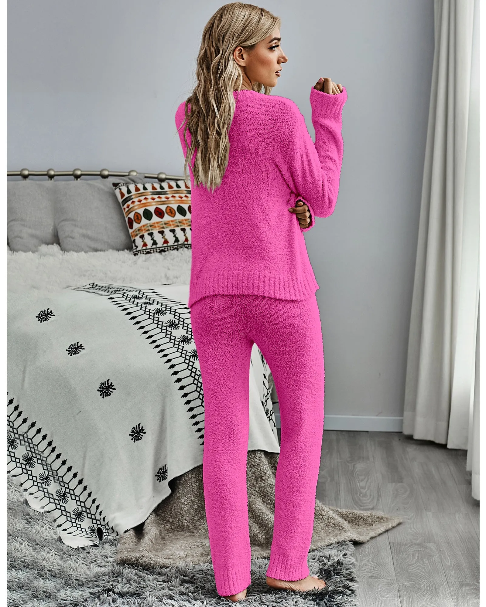 luvamia Women's Casual Pajamas Sets Long Sleeve Tops and Pants Knitted Pjs Loungewear
