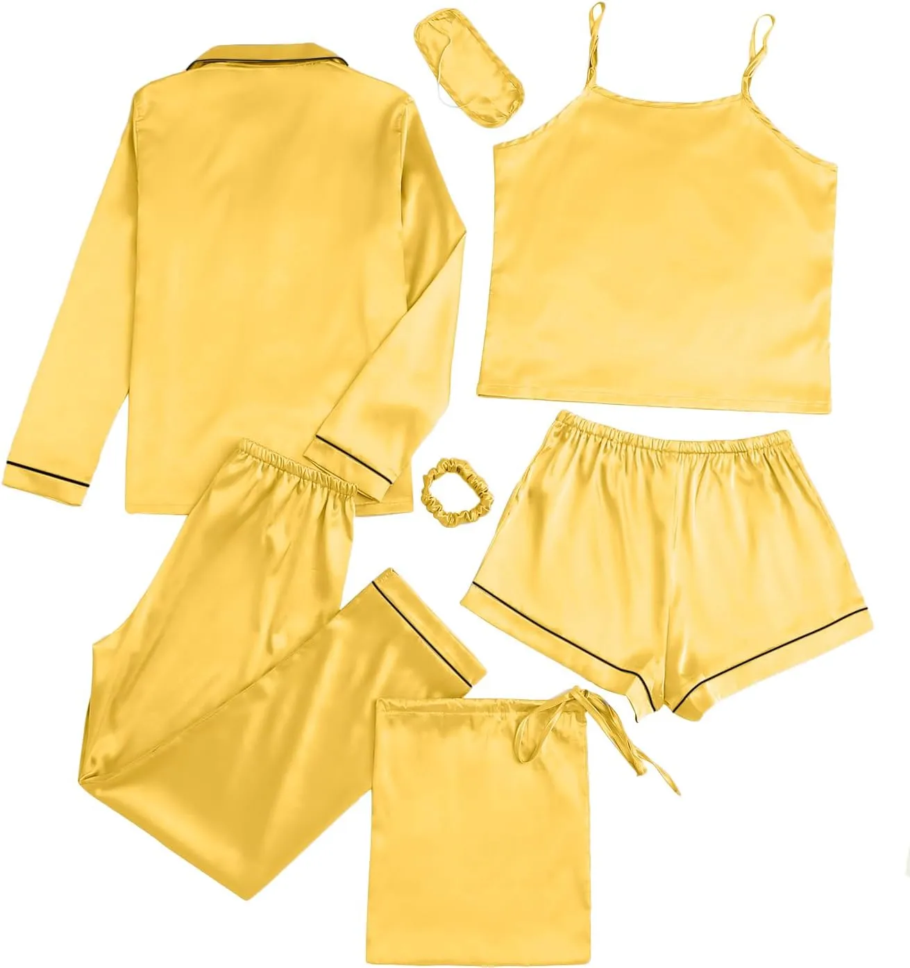 LYANER Women's Pajamas Set 7pcs Silk Satin Sleepwear Loungewear Cami Shirt Pj Set