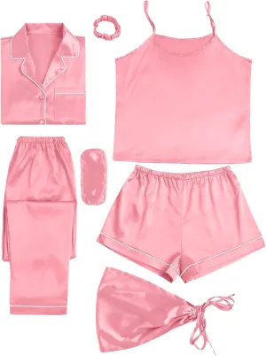 LYANER Women's Pajamas Set 7pcs Silk Satin Sleepwear Loungewear Cami Shirt Pj Set