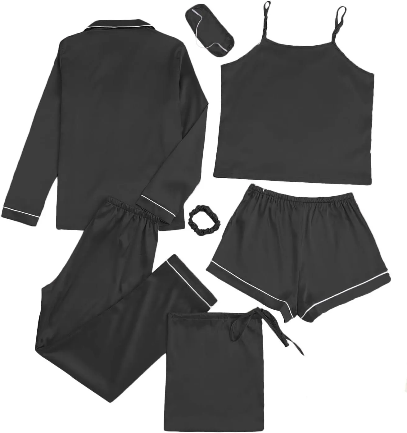 LYANER Women's Pajamas Set 7pcs Silk Satin Sleepwear Loungewear Cami Shirt Pj Set