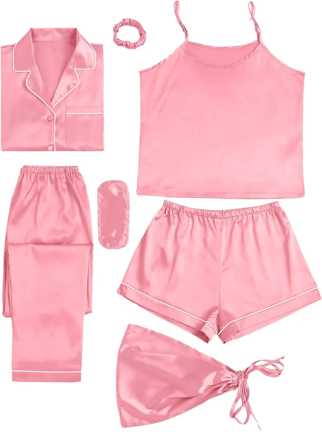 LYANER Women's Pajamas Set 7pcs Silk Satin Sleepwear Loungewear Cami Shirt Pj Set