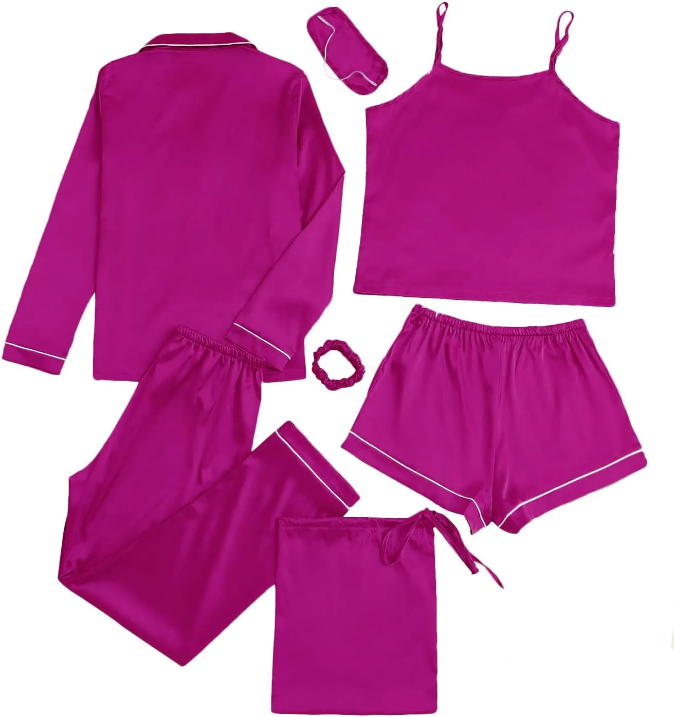 LYANER Women's Pajamas Set 7pcs Silk Satin Sleepwear Loungewear Cami Shirt Pj Set