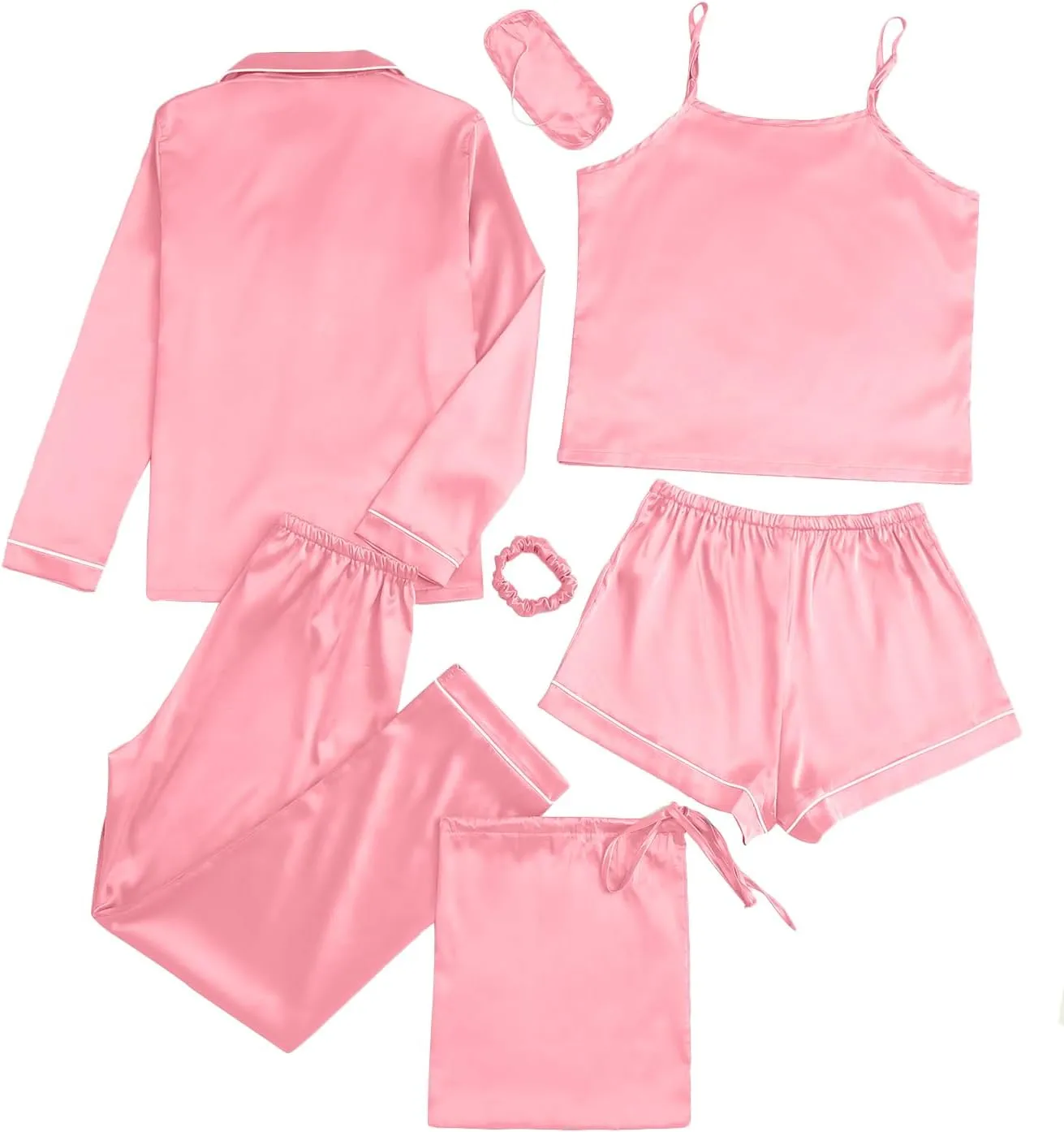 LYANER Women's Pajamas Set 7pcs Silk Satin Sleepwear Loungewear Cami Shirt Pj Set