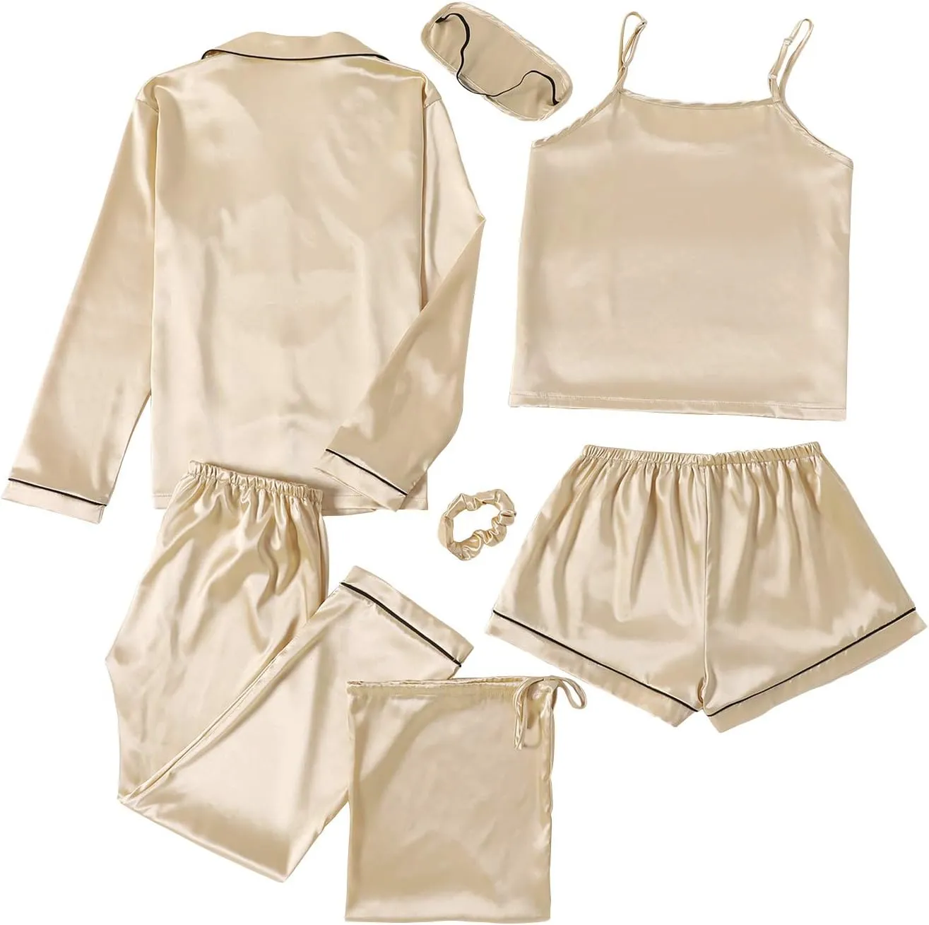 LYANER Women's Pajamas Set 7pcs Silk Satin Sleepwear Loungewear Cami Shirt Pj Set