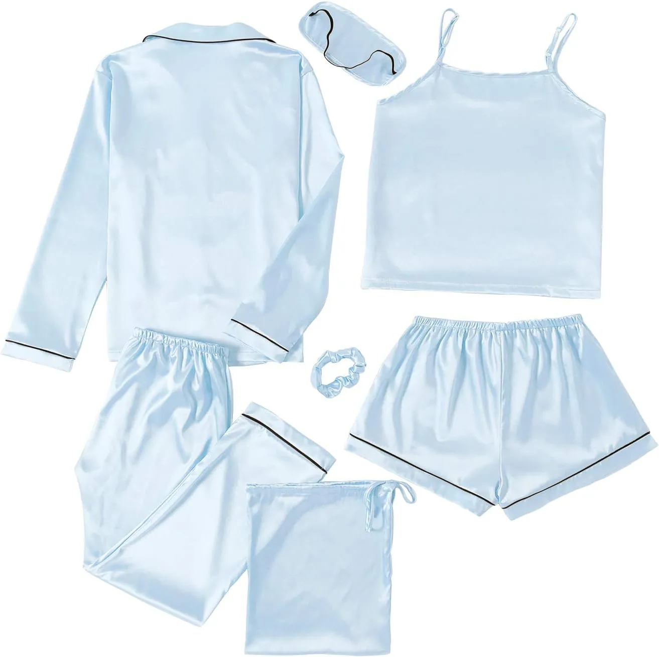 LYANER Women's Pajamas Set 7pcs Silk Satin Sleepwear Loungewear Cami Shirt Pj Set