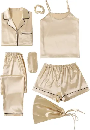 LYANER Women's Pajamas Set 7pcs Silk Satin Sleepwear Loungewear Cami Shirt Pj Set