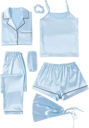 LYANER Women's Pajamas Set 7pcs Silk Satin Sleepwear Loungewear Cami Shirt Pj Set