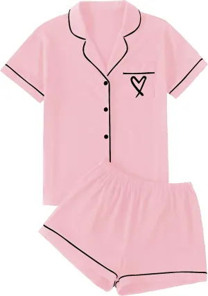 LYANER Women's Pajamas Set Heart Print Button Short Sleeve Shirt with Shorts Sleepwear PJs Set