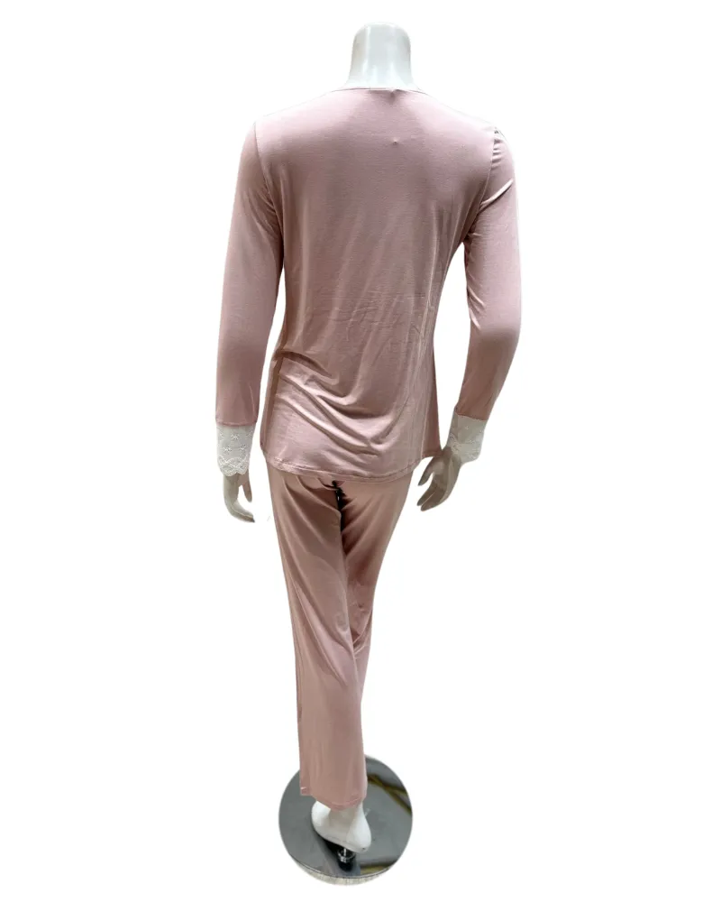 M4141 Dusty Pink Swirl Design Lace V Neck Modal Pajamas Set