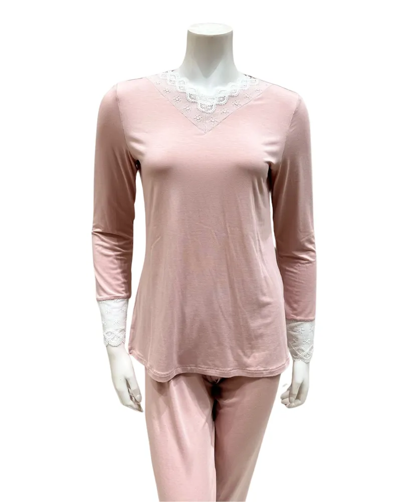 M4141 Dusty Pink Swirl Design Lace V Neck Modal Pajamas Set