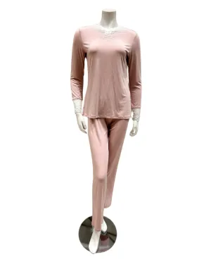 M4141 Dusty Pink Swirl Design Lace V Neck Modal Pajamas Set