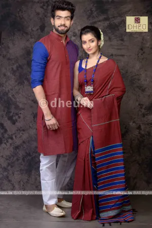 Madly Maroon- Handloom Pure Cotton Saree-Kurta Couple Set