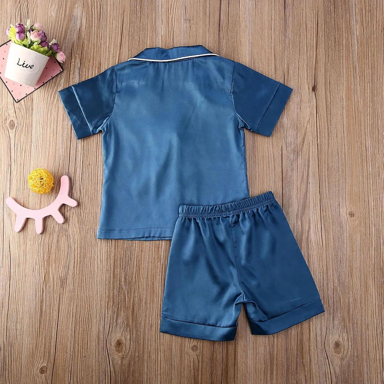MAINESAKA Toddler Baby Girl Boy Satin Pajamas Set 2Pcs Button Down Pjs Solid Color Short Sleeve Silk Top And Shorts Sleepwear