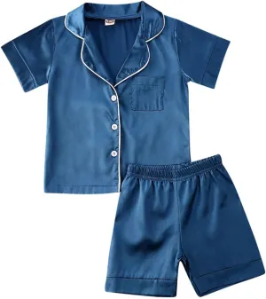 MAINESAKA Toddler Baby Girl Boy Satin Pajamas Set 2Pcs Button Down Pjs Solid Color Short Sleeve Silk Top And Shorts Sleepwear