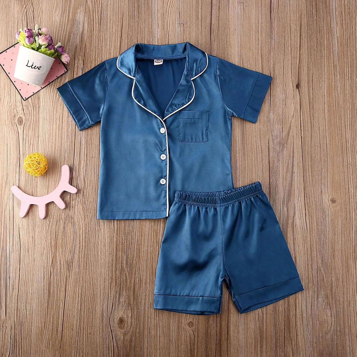 MAINESAKA Toddler Baby Girl Boy Satin Pajamas Set 2Pcs Button Down Pjs Solid Color Short Sleeve Silk Top And Shorts Sleepwear