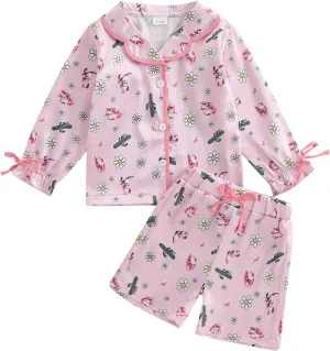 MAINESAKA Toddler Baby Girl Satin Pajama Set 2Piece Silk Pjs Western Sleepwear Long Sleeve Button Down Top And Shorts Pajamas