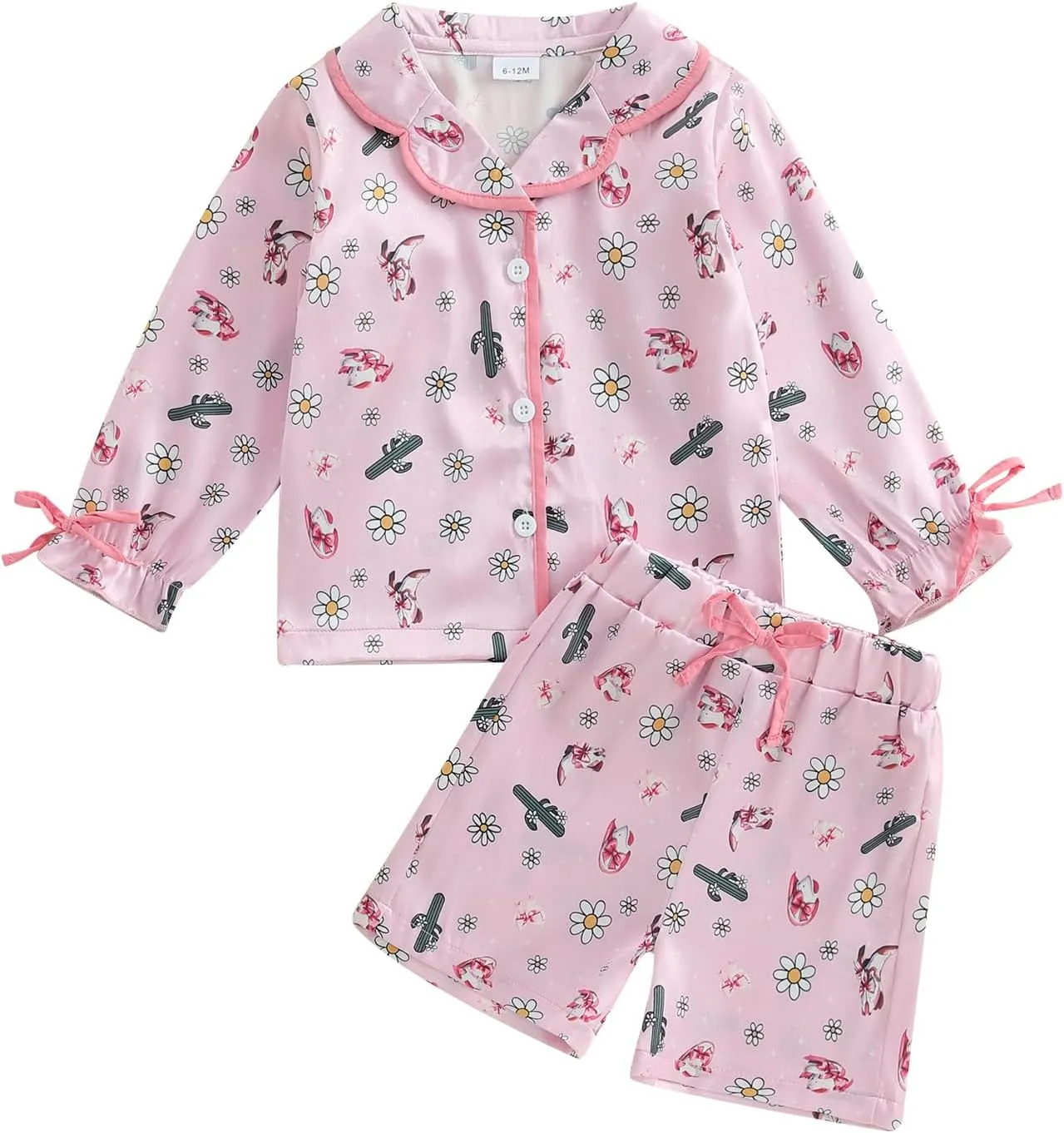 MAINESAKA Toddler Baby Girl Satin Pajama Set 2Piece Silk Pjs Western Sleepwear Long Sleeve Button Down Top And Shorts Pajamas