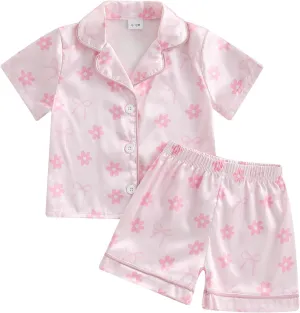 MAINESAKA Toddler Girl Summer Pajamas Baby Satin Pajama Set 2 Piece Button Down Pjs Short Sleeve Top And Shorts Sleepwear