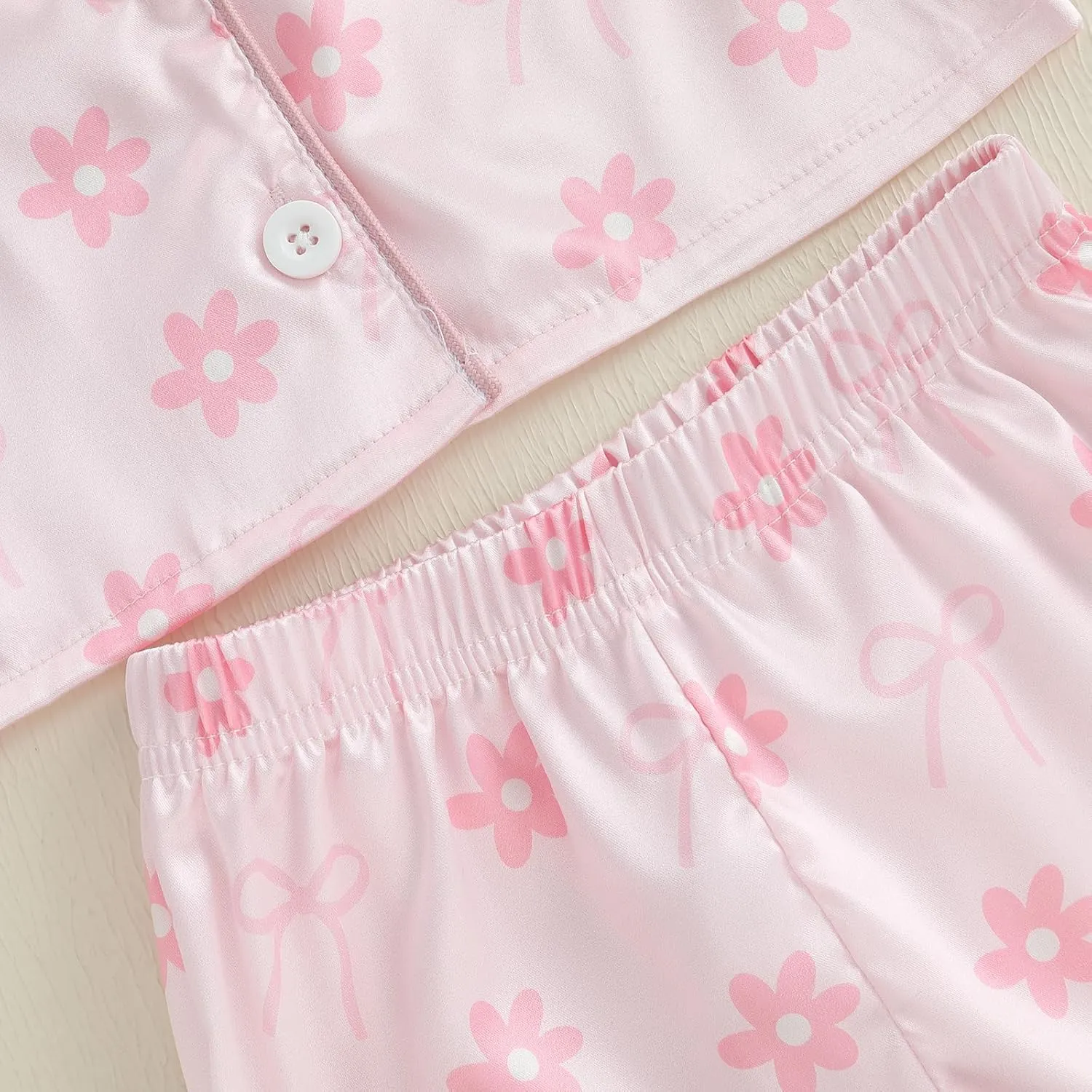MAINESAKA Toddler Girl Summer Pajamas Baby Satin Pajama Set 2 Piece Button Down Pjs Short Sleeve Top And Shorts Sleepwear