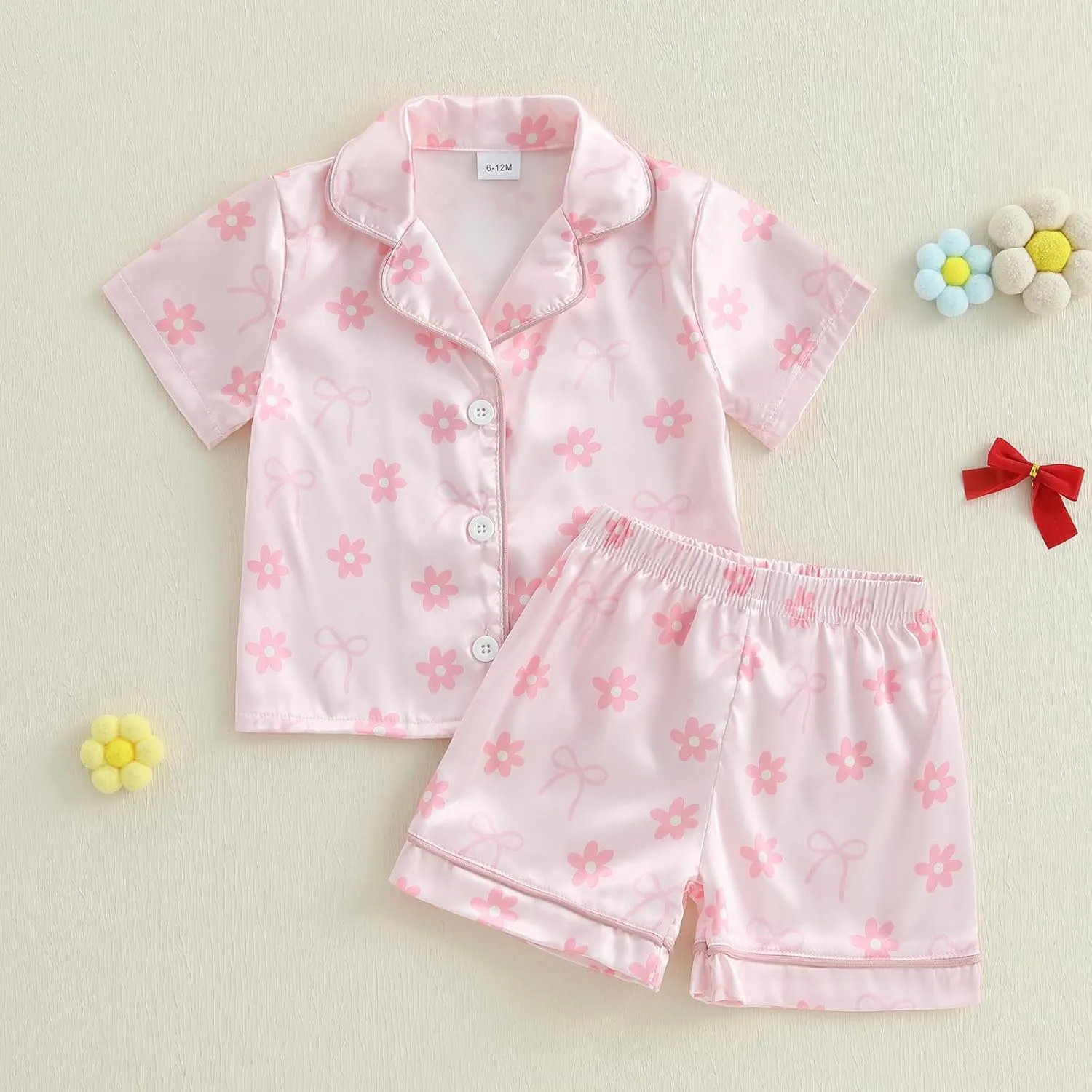 MAINESAKA Toddler Girl Summer Pajamas Baby Satin Pajama Set 2 Piece Button Down Pjs Short Sleeve Top And Shorts Sleepwear