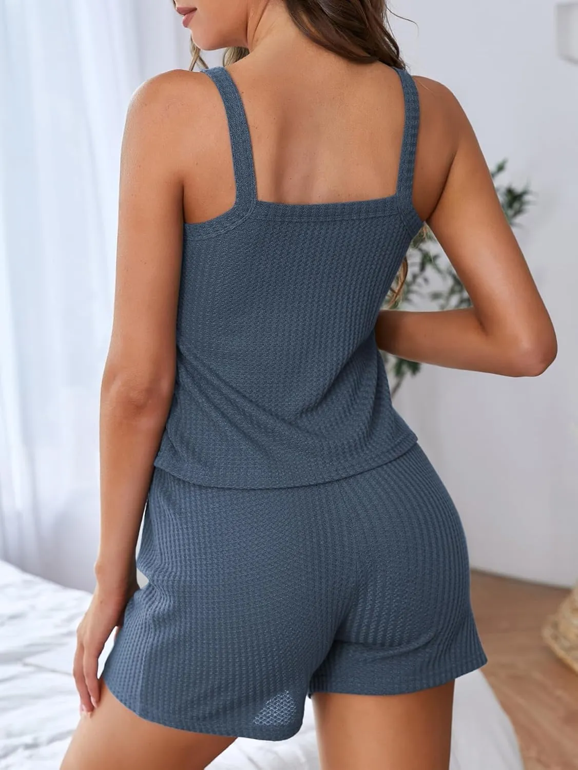 MakeMeChic Women's 2 Piece Pajama Set Waffle Knit V Neck Sleeveless Cami Top and Shorts Lounge Sets