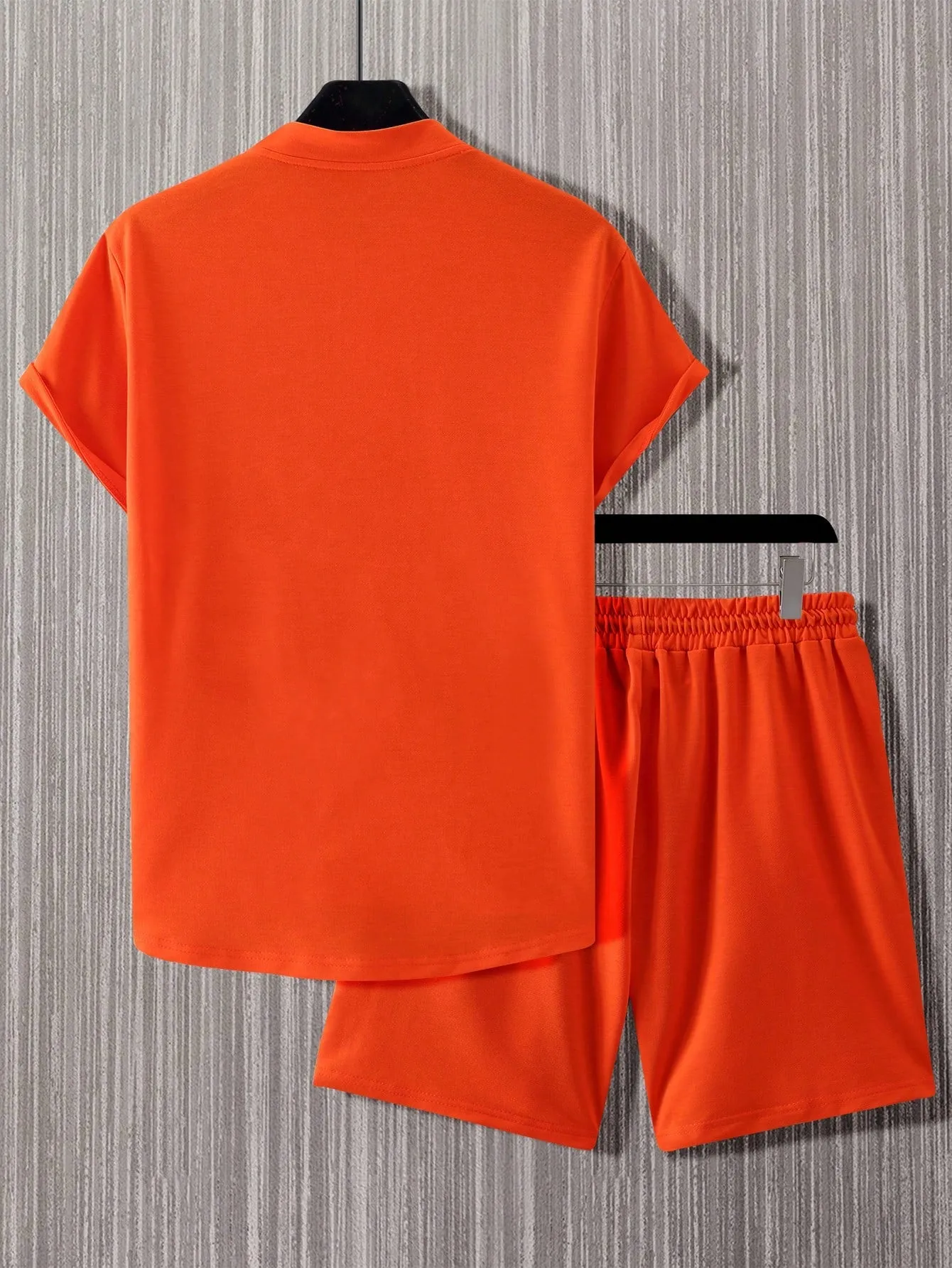 Manfinity Homme 2pcs Men's Button Short Sleeve Letter Print Shirt And Drawstring Casual Shorts Set