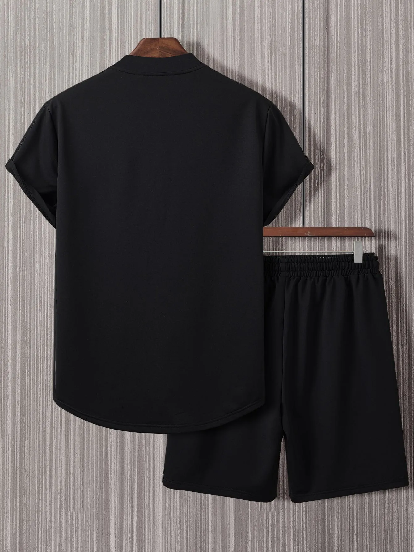 Manfinity Homme 2pcs Men's Button Short Sleeve Letter Print Shirt And Drawstring Casual Shorts Set