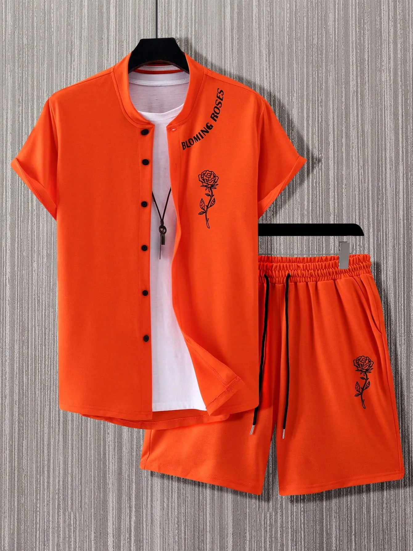 Manfinity Homme 2pcs Men's Button Short Sleeve Letter Print Shirt And Drawstring Casual Shorts Set