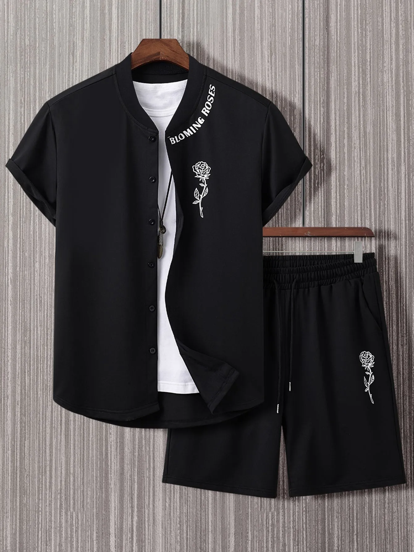 Manfinity Homme 2pcs Men's Button Short Sleeve Letter Print Shirt And Drawstring Casual Shorts Set