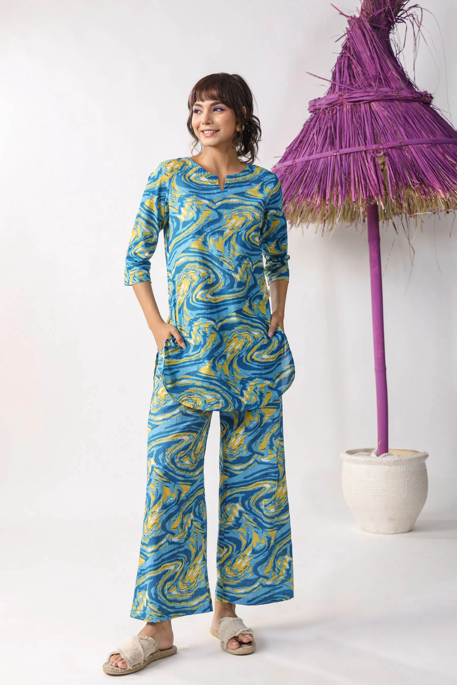 Marble Print Blue Cotton Palazzo Loungewear Set