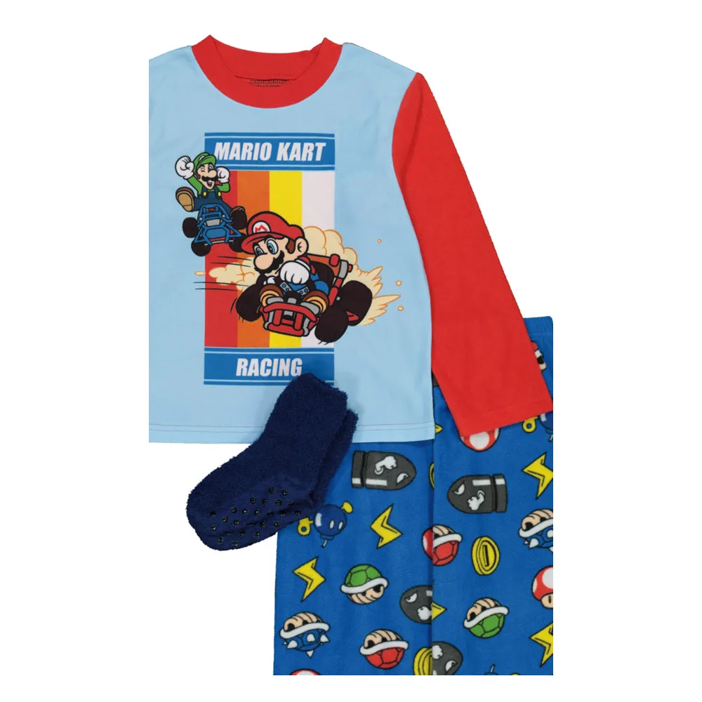 Mario Kart Boys Pajama Set with Socks, Long Sleeve Top and Pants 3PC PJ Outfit, 4-10, Red