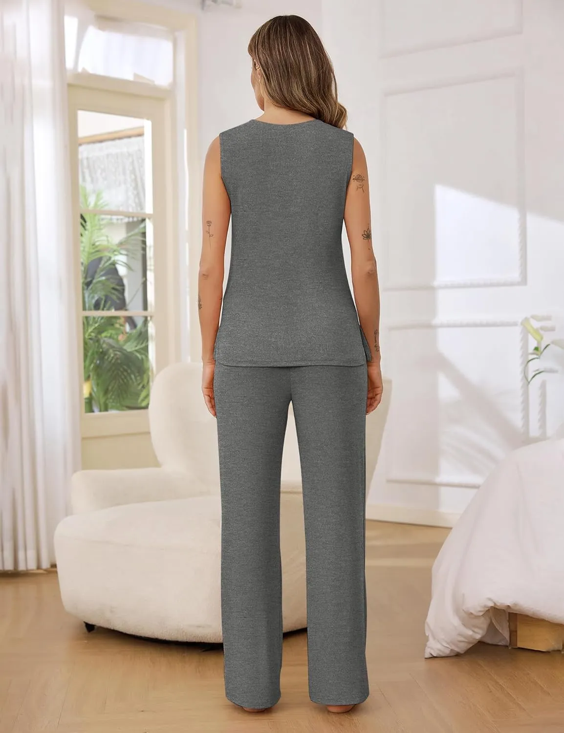 Marvmys Women's Pajamas Sleeveless Summer Lounge Set Ribbed Knit Pj Loungewear Soft Tank Sleepwear Nightwear