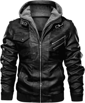 Men Faux Leather Jacket Stand Collar PU Leather Vintage Motorcycle Bomber Jacket Casual Hooded Biker Coat Fall Winter