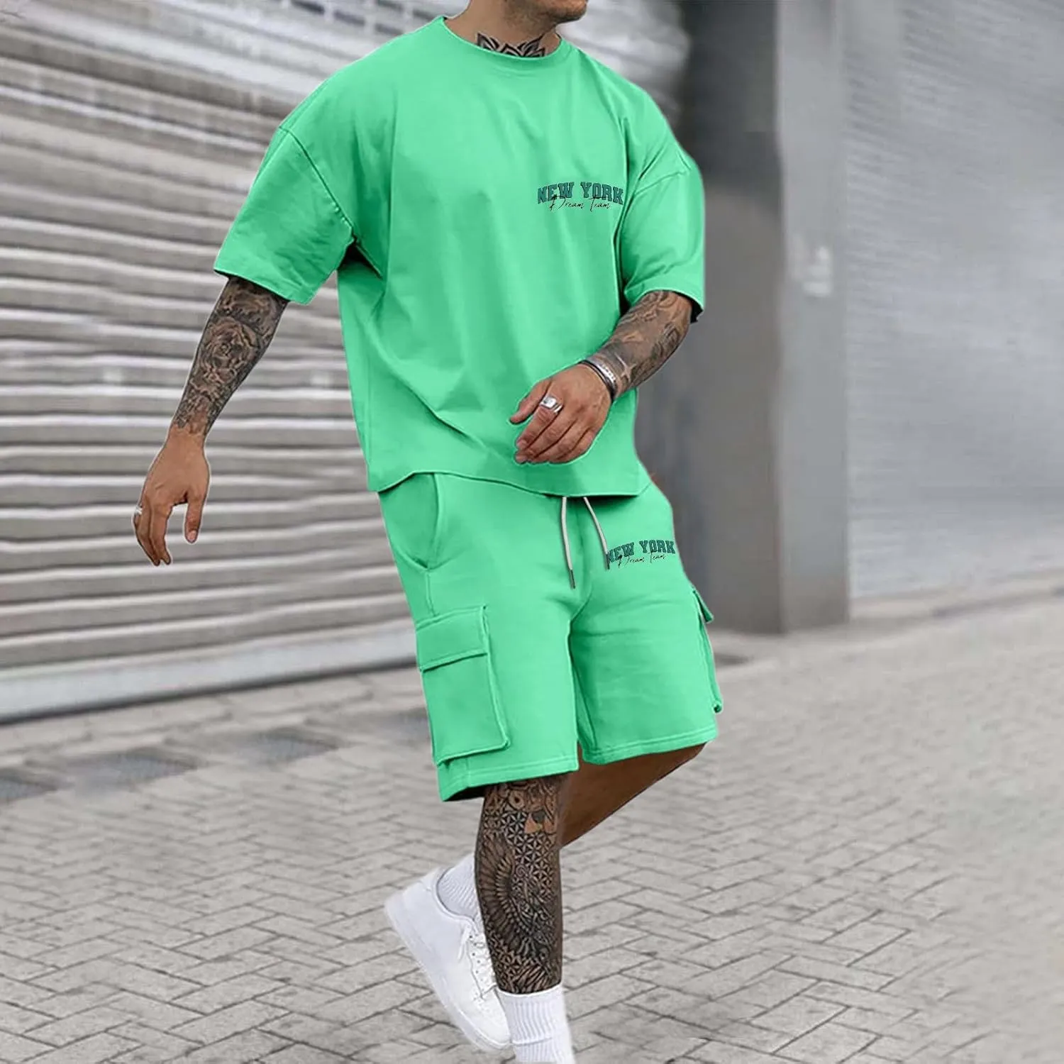 Men Two Piece Outfits Sets Casual Summer Short Sleeve Shirt and Cargo Short Sweatpants Loose Fit Gym Outfits 2 Piece