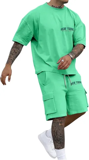 Men Two Piece Outfits Sets Casual Summer Short Sleeve Shirt and Cargo Short Sweatpants Loose Fit Gym Outfits 2 Piece