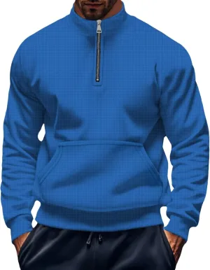 Men Waffle Sweatshirt Plus Size Slim Fit 1/4 Zip Long Sleeve Pullover Tops Casual Workout Daily Sweater with Pockets