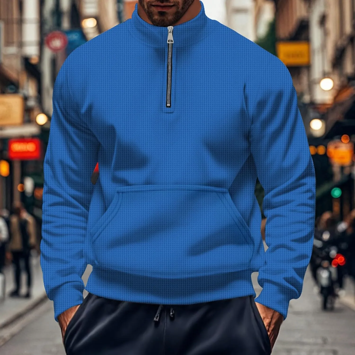 Men Waffle Sweatshirt Plus Size Slim Fit 1/4 Zip Long Sleeve Pullover Tops Casual Workout Daily Sweater with Pockets