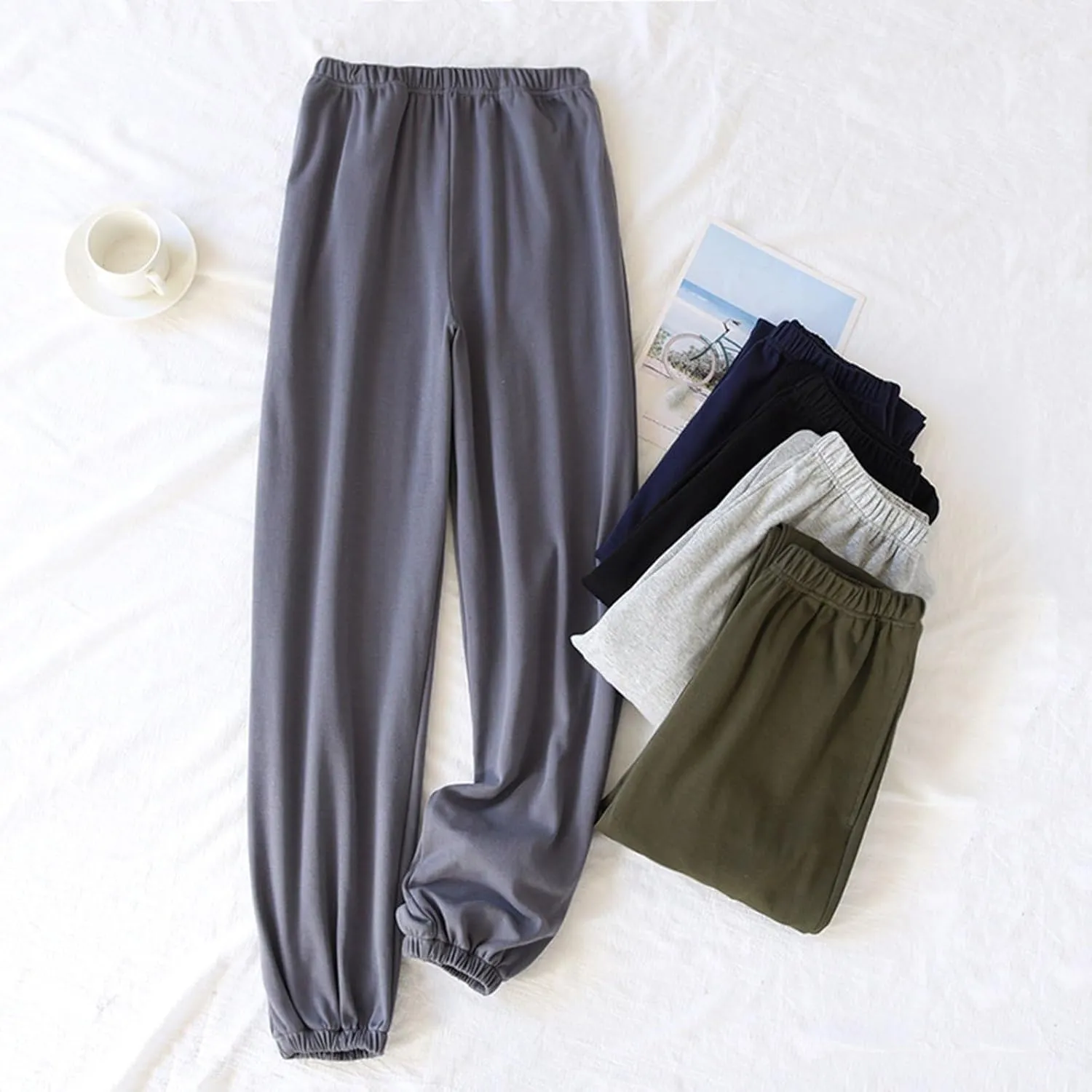 Men'S 100% Cotton Lounge Pants Soft Loose Thickened Pajama Pants Autumn And Winter Fleece Warm Sleep Pant